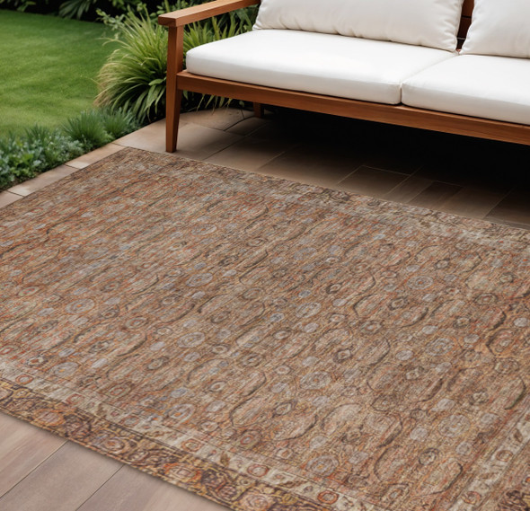 9' X 12' Copper And Peach Floral Washable Indoor Outdoor Area Rug