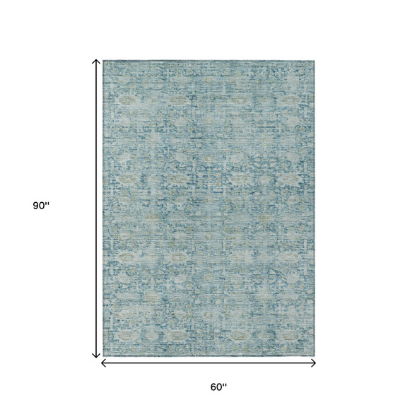 5' X 8' Blue And Ivory Oriental Washable Indoor Outdoor Area Rug