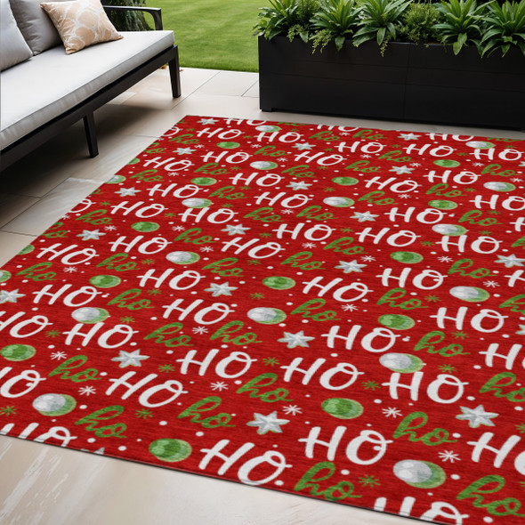 5' X 8' Red White And Green Ho Ho Ho Washable Indoor Outdoor Area Rug