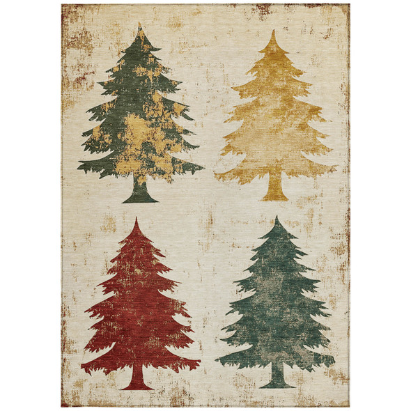 9' X 12' Ivory Gold And Burgundy Trees Washable Indoor Outdoor Area Rug