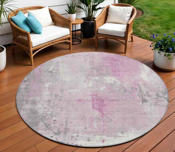 8' Pink And Gray Round Abstract Washable Indoor Outdoor Area Rug