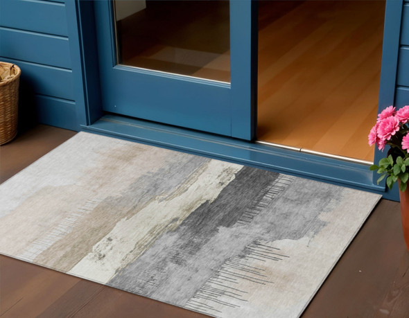3' X 5' Ivory And Beige Abstract Washable Indoor Outdoor Area Rug