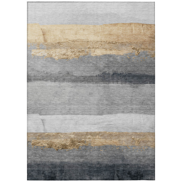 10' X 14' Gold And Gray Striped Washable Indoor Outdoor Area Rug