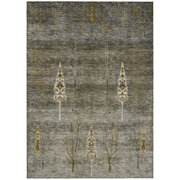 5' X 8' Pewter And Gold Floral Washable Indoor Outdoor Area Rug