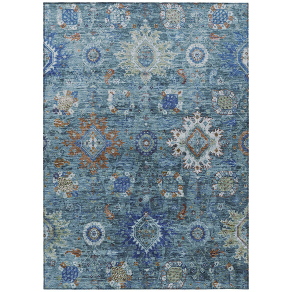 8' X 10' Blue Rust And Gray Floral Medallion Washable Indoor Outdoor Area Rug