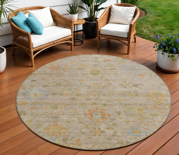 8' Beige And Orange Round Floral Washable Indoor Outdoor Area Rug