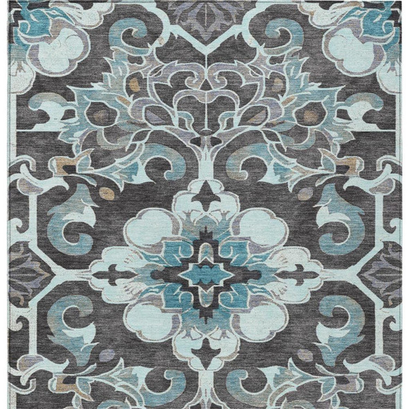 10' X 14' Teal Blue And Charcoal Damask Washable Indoor Outdoor Area Rug