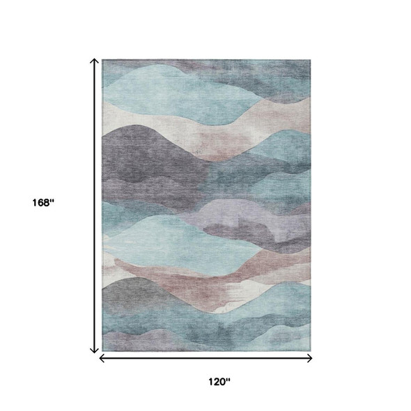 10' X 14' Teal Blue And Plum Abstract Washable Indoor Outdoor Area Rug