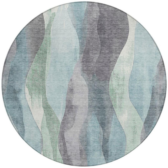 8' Teal Blue And Fern Green Round Abstract Washable Indoor Outdoor Area Rug