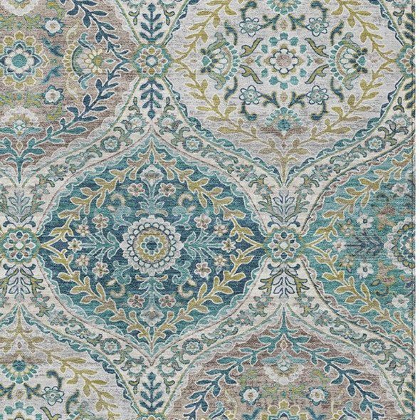 3' X 5' Teal Blue Fern Green And Beige Floral Washable Indoor Outdoor Area Rug