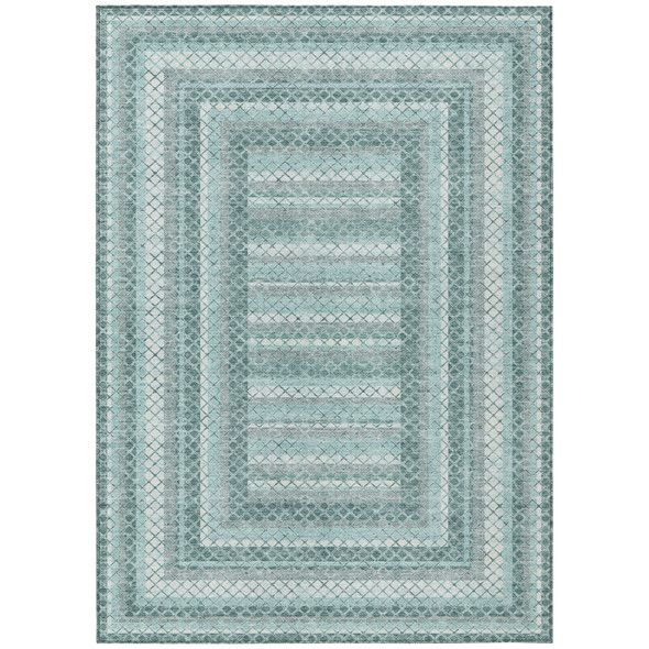 10' X 14' Teal Blue And Ivory Geometric Washable Indoor Outdoor Area Rug