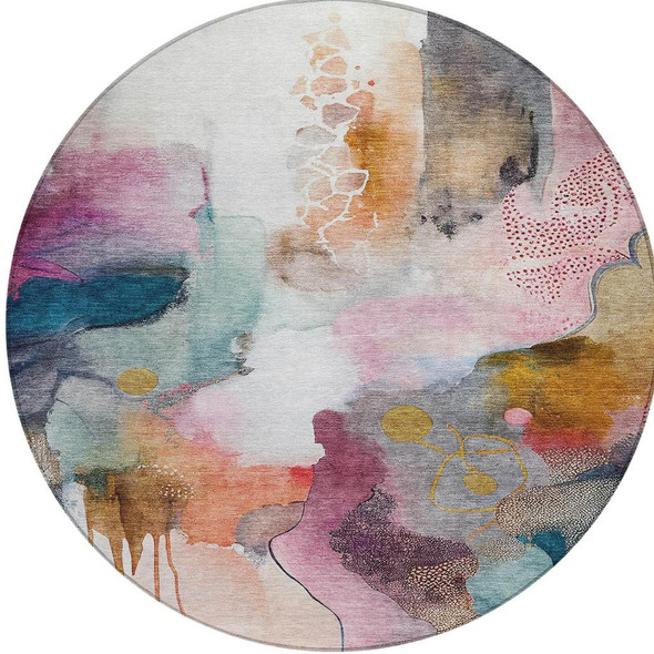 8' Blush Teal Blue And Ivory Round Abstract Washable Indoor Outdoor Area Rug