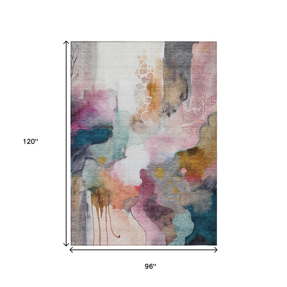 8' X 10' Blush Teal Blue And Ivory Abstract Washable Indoor Outdoor Area Rug
