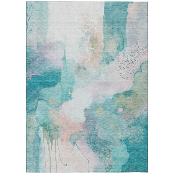 5' X 8' Turquoise Blush And Ivory Abstract Washable Indoor Outdoor Area Rug
