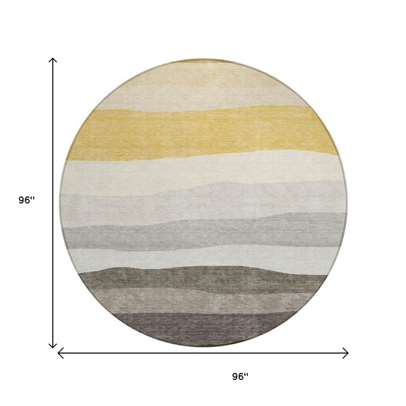 8' Pewter Gold And Ivory Round Striped Washable Indoor Outdoor Area Rug
