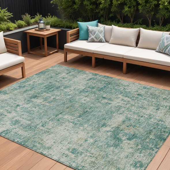 9' X 12' Teal Blue And Beige Abstract Washable Indoor Outdoor Area Rug