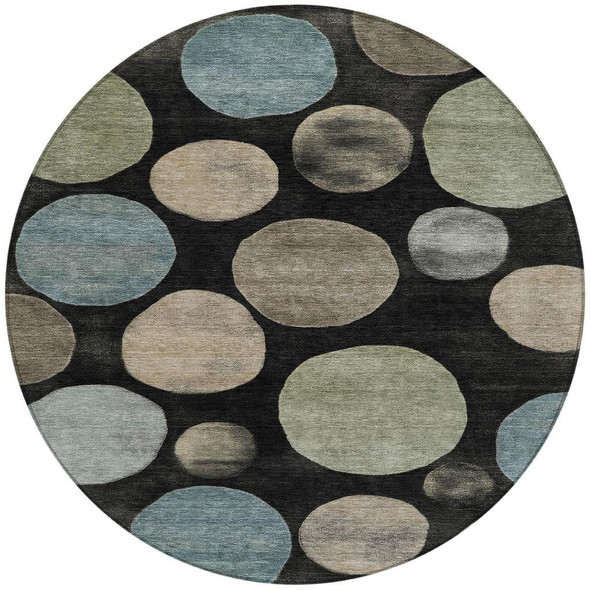 8' Black Fern Green And Teal Blue Round Geometric Washable Indoor Outdoor Area Rug