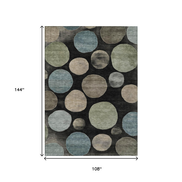 9' X 12' Black Fern Green And Teal Blue Geometric Washable Indoor Outdoor Area Rug