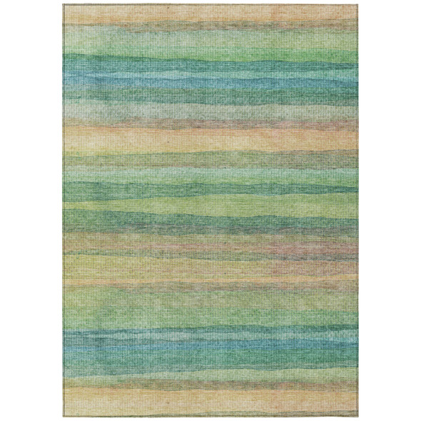 5' X 8' Artichoke Green Peach And Teal Blue Striped Washable Indoor Outdoor Area Rug