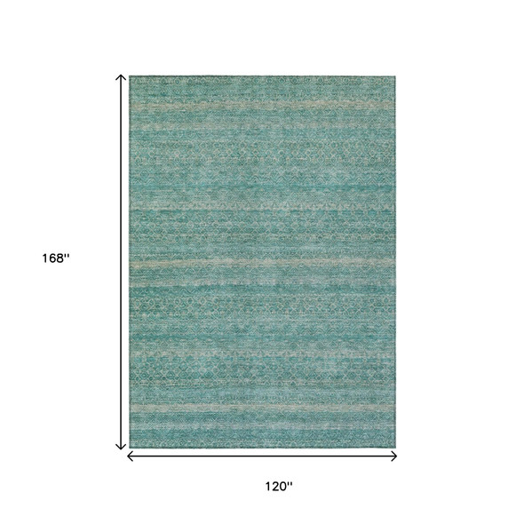 10' X 14' Teal Blue And Beige Striped Washable Indoor Outdoor Area Rug