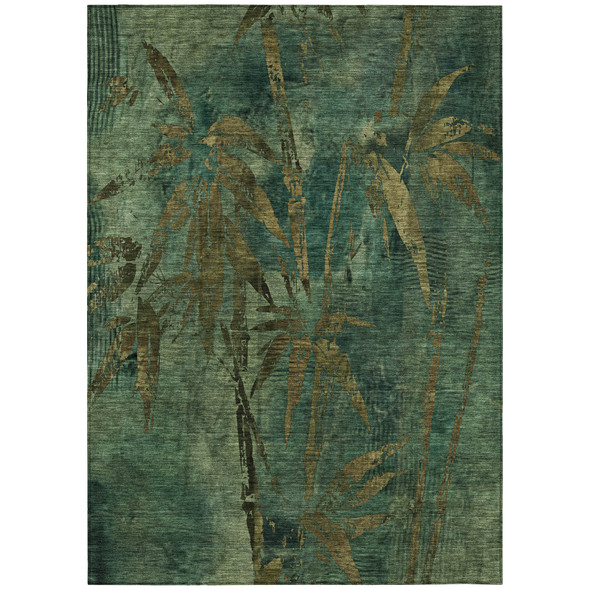 9' X 12' Green And Brown Botanical Leaves Washable Indoor Outdoor Area Rug