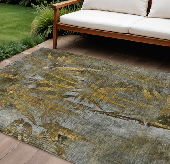 10' X 14' Pewter And Gold Botanical Leaves Washable Indoor Outdoor Area Rug