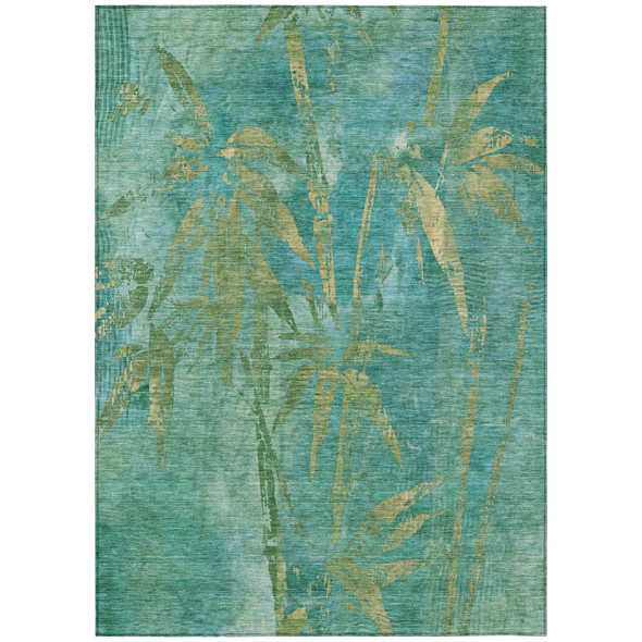 9' X 12' Teal Blue And Gold Botanical Leaves Washable Indoor Outdoor Area Rug