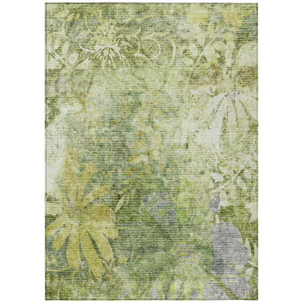 5' X 8' Artichoke Green And Ivory Floral Washable Indoor Outdoor Area Rug