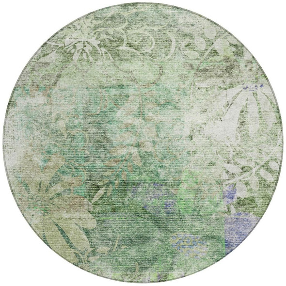 8' Teal Blue And Ivory Round Floral Washable Indoor Outdoor Area Rug