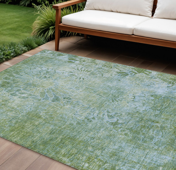 10' X 14' Artichoke Green And Ivory Floral Washable Indoor Outdoor Area Rug