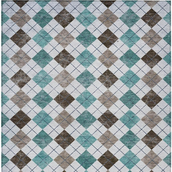 5' X 8' Teal Blue Taupe And Ivory Geometric Washable Indoor Outdoor Area Rug