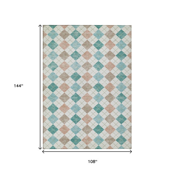 9' X 12' Aqua Peach And Ivory Geometric Washable Indoor Outdoor Area Rug