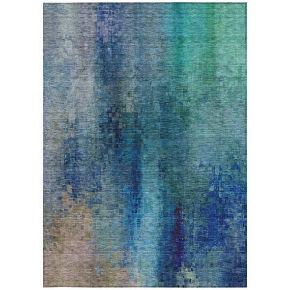 9' X 12' Blue And Tan Abstract Washable Indoor Outdoor Area Rug