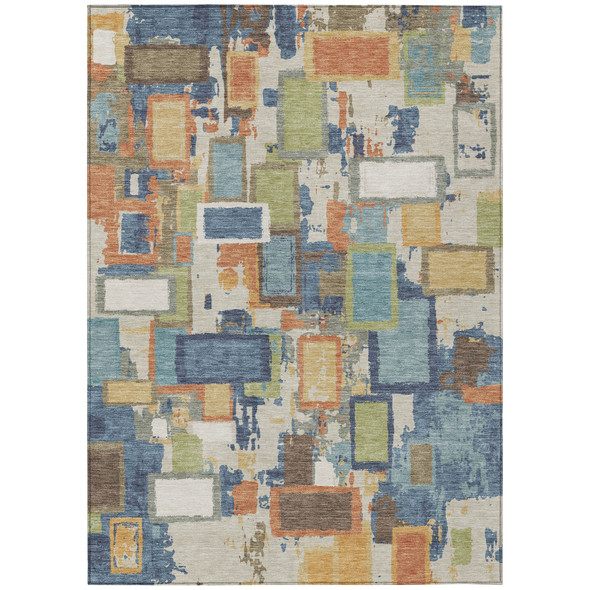 9' X 12' Denim Blue Copper And Green Geometric Washable Indoor Outdoor Area Rug