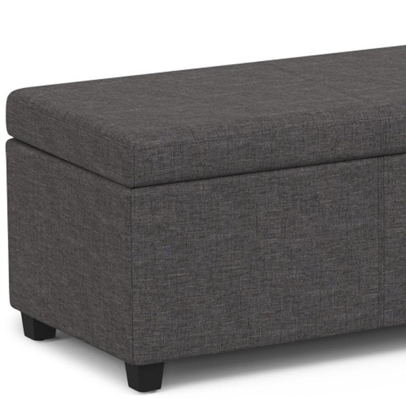 54" Slate Gray and Dark Brown Linen Blend and Solid Wood Upholstered Storage Bench With Flip Top