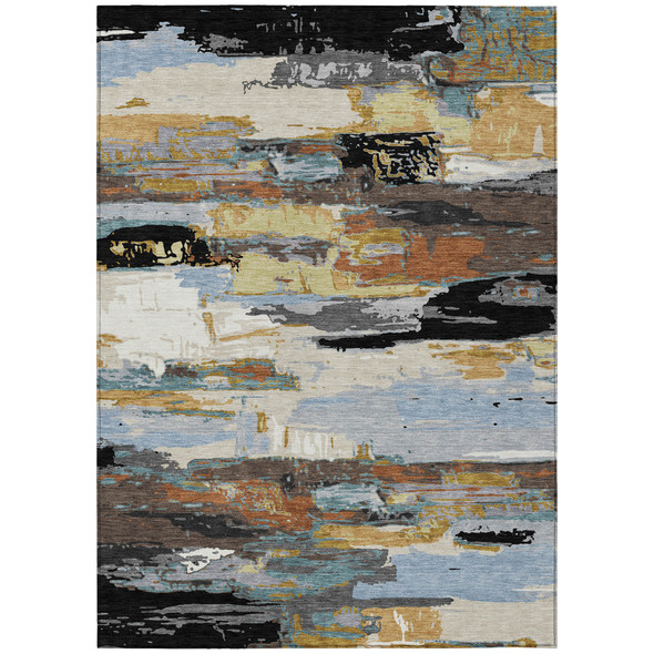 9' X 12' Black Gold And Blue Abstract Washable Indoor Outdoor Area Rug
