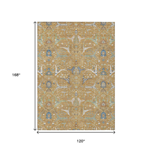 10' X 14' Gold And Blue Floral Washable Indoor Outdoor Area Rug