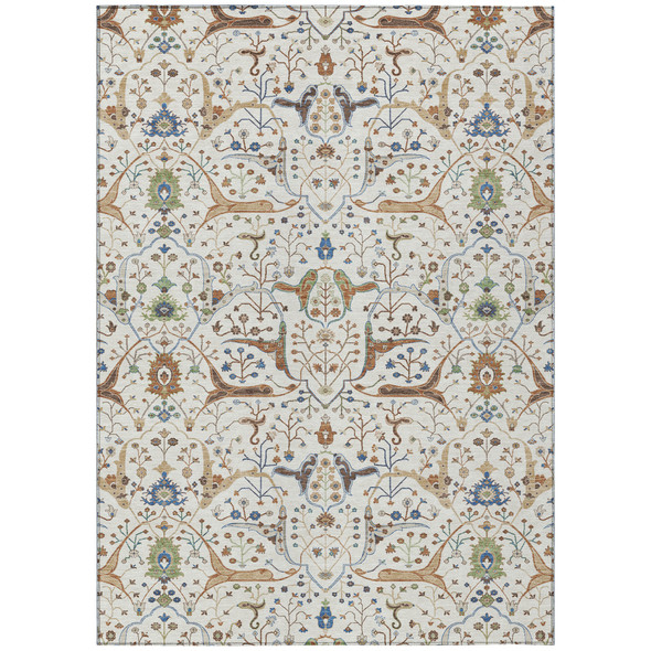 3' X 5' Ivory Copper And Blue Floral Washable Indoor Outdoor Area Rug