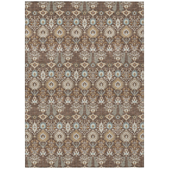 9' X 12' Brown And Beige Floral Washable Indoor Outdoor Area Rug