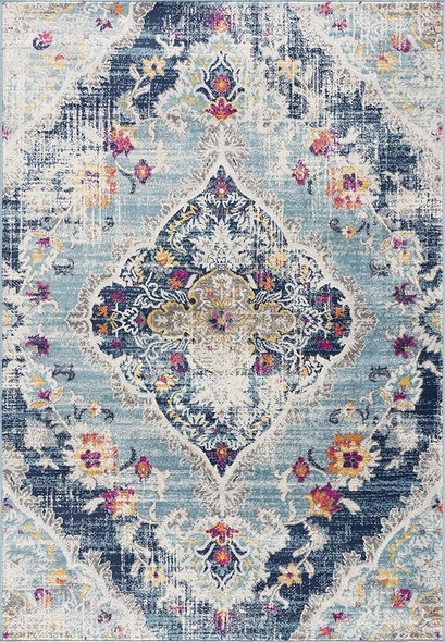 2' X 5' Blue and Ivory Medallion Area Rug