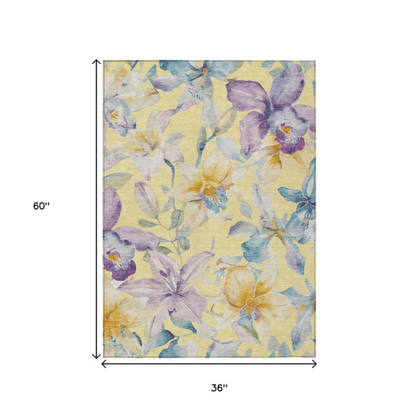 3' X 5' Yellow Gold And Lavender Floral Washable Indoor Outdoor Area Rug