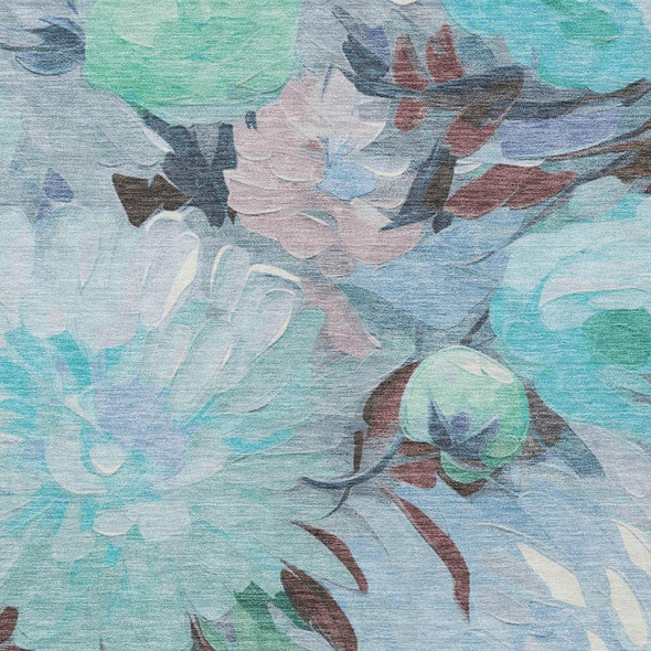 9' X 12' Sky Blue Mint Green And Ivory Floral Washable Indoor Outdoor Area Rug