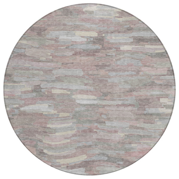 8' Blush And Gray Round Striped Washable Indoor Outdoor Area Rug