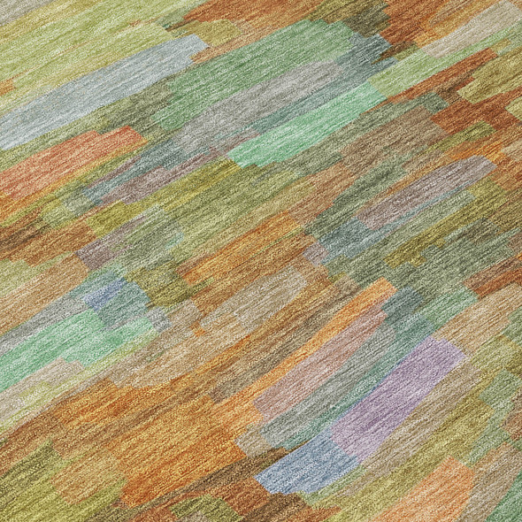 10' X 14' Fern Green And Orange Striped Washable Indoor Outdoor Area Rug