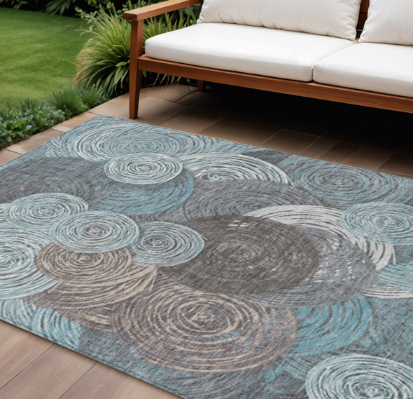 9' X 12' Teal Blue Ivory And Taupe Geometric Washable Indoor Outdoor Area Rug