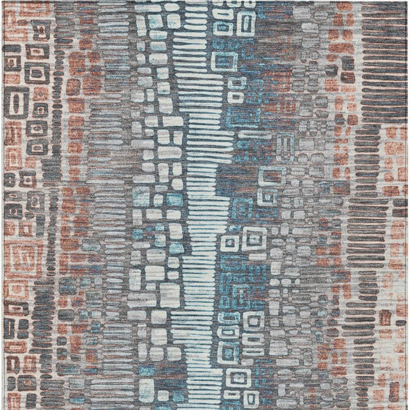 9' X 12' Copper Ivory And Blue Geometric Washable Indoor Outdoor Area Rug