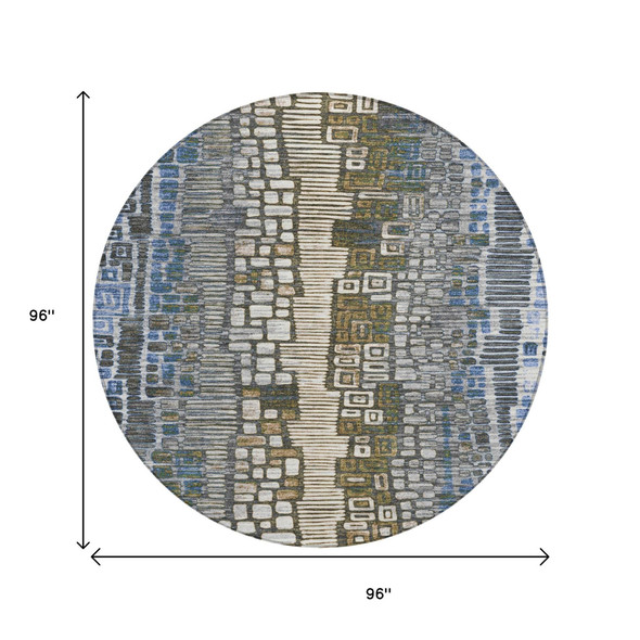 8' Denim Blue Ivory And Beige Round Geometric Washable Indoor Outdoor Area Rug