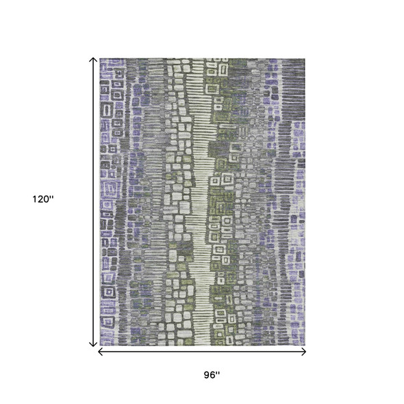 8' X 10' Purple Ivory And Green Geometric Washable Indoor Outdoor Area Rug