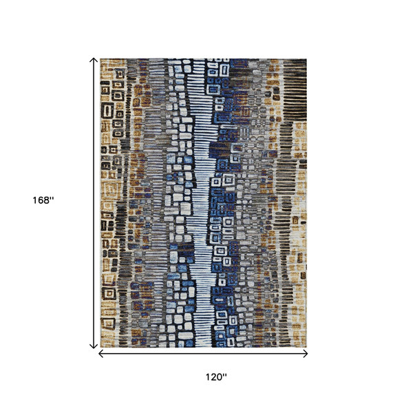 10' X 14' Pewter Ivory Blue And Gold Geometric Washable Indoor Outdoor Area Rug