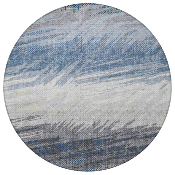 8' Denim Blue Ivory And Gray Round Striped Washable Indoor Outdoor Area Rug